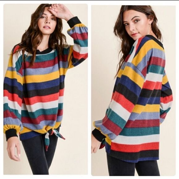 Tops - Soft and Warm Color Block Striped Fleece Top